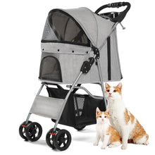 Foldable pet stroller for cats and small dogs with breathable mesh canopy and storage basket