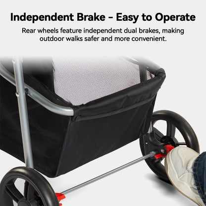 Pet stroller rear wheels with independent dual brake system for safe outdoor walks