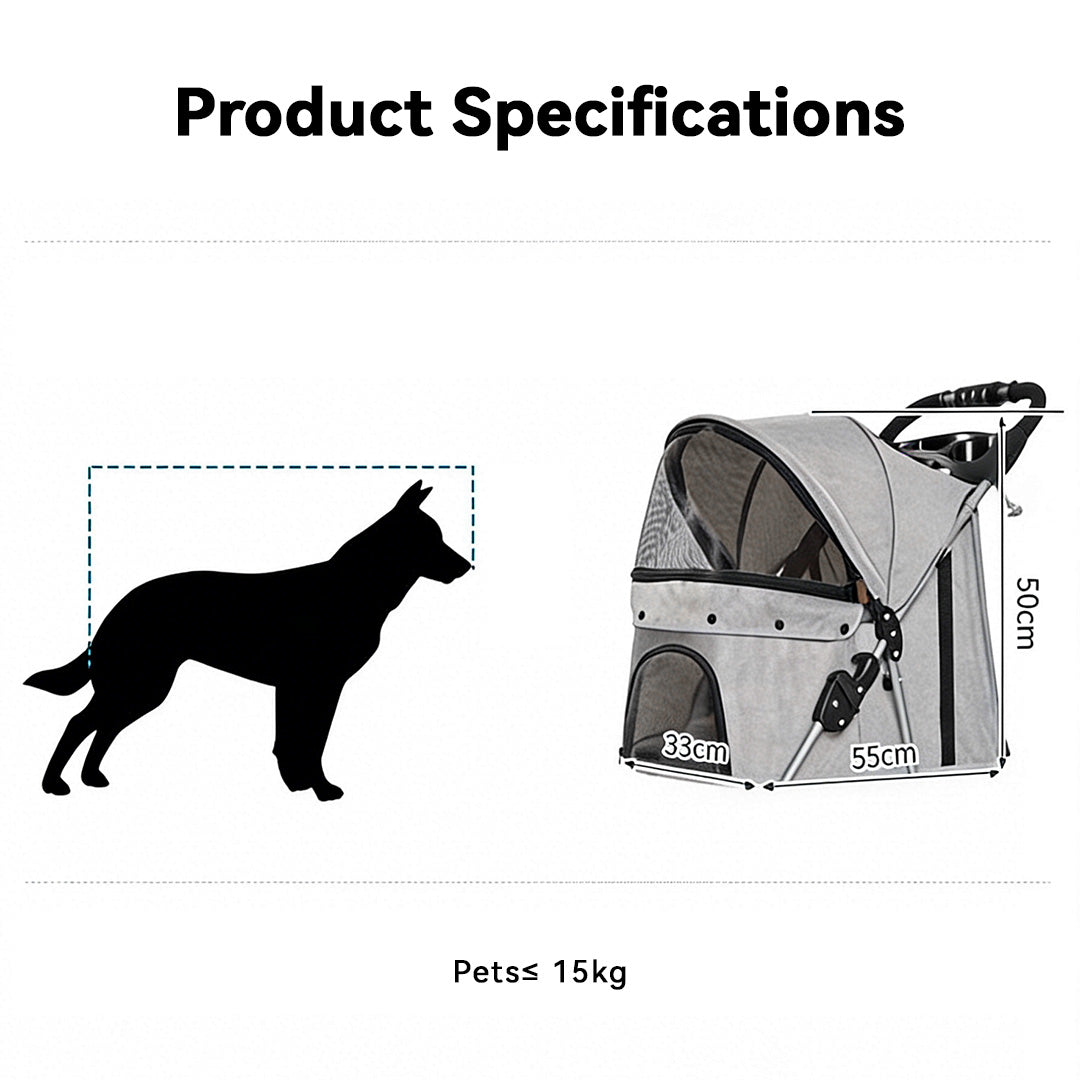 Pet stroller size guide suitable for cats and small dogs up to 15kg