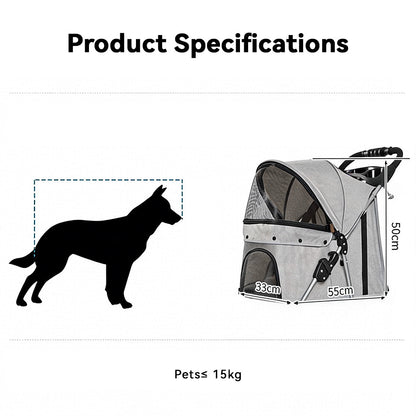 Pet stroller size guide suitable for cats and small dogs up to 15kg