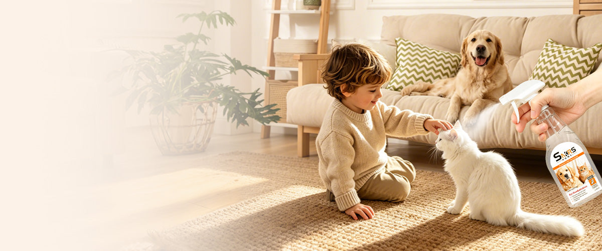 A child sitting on a rug pets a white cat in a cozy living room while a dog rests on the couch, with a hand holding a pet odor remover spray bottle nearby