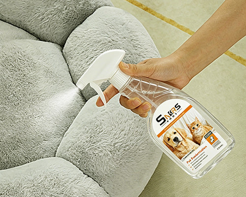 Using a pet urine odor remover spray bottle on pet bed
