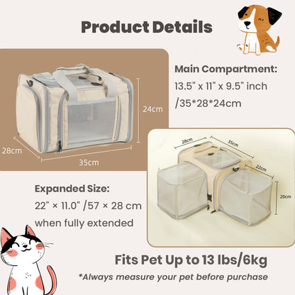 Product dimension diagram showing main compartment size 13.5 x 11 x 9.5 inches and expanded size 22 x 11 inches, fits pets up to 13 lbs.
